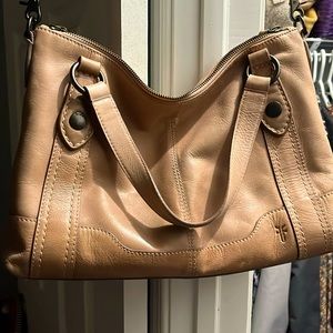 Beautiful Frye tan leather purse. 14x10x4. Lots of pockets. Extra nice . clean